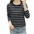 thumbnail image 1 of Jalioing Striped Cotton Shirts for Women Long Sleeve Crew Neck Basic Casual T Shirts Plus Size Loose Tees Tops, 1 of 3