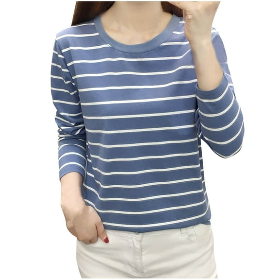 Jalioing Striped Cotton Shirts for Women Long Sleeve Crew Neck Basic Casual T Shirts Plus Size Loose Tees Tops