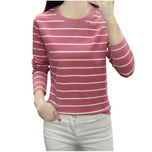 Jalioing Striped Cotton Shirts for Women Long Sleeve Crew Neck Basic Casual T Shirts Plus Size Loose Tees Tops