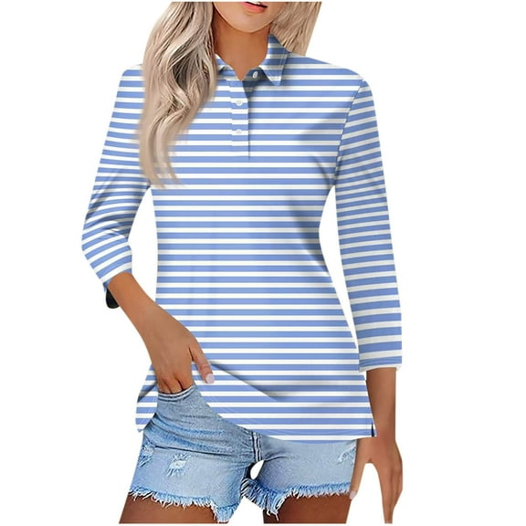 Lmnyox Striped Golf Shirt for Women 3/4 Length Sleeve Collared Button Tops Summer Dressy Casual T Shirts