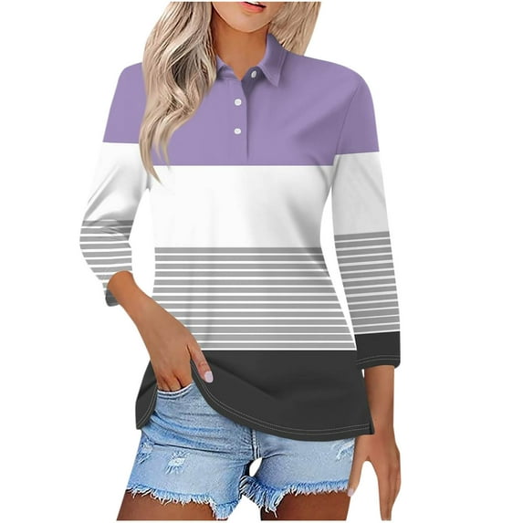 Lmnyox Striped Golf Shirt for Women 3/4 Length Sleeve Collared Button Tops Summer Dressy Casual T Shirts