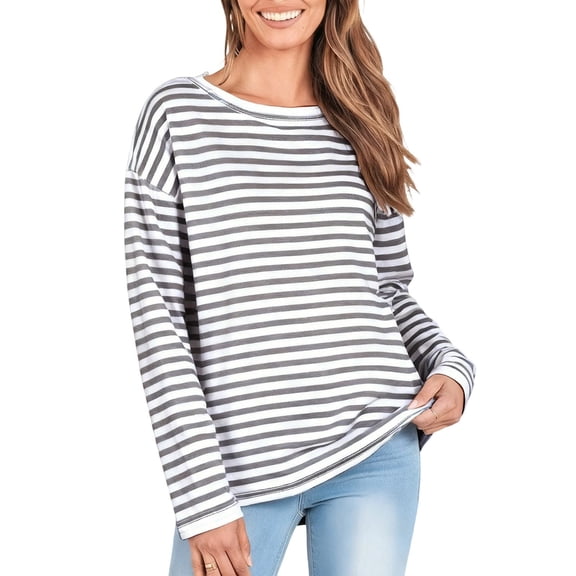 Jalioing Striped Long Sleeve T Shirt Casual Loose Long Sleeve Pullover Tee Spring Fall Fashion Crew Neck Shirt