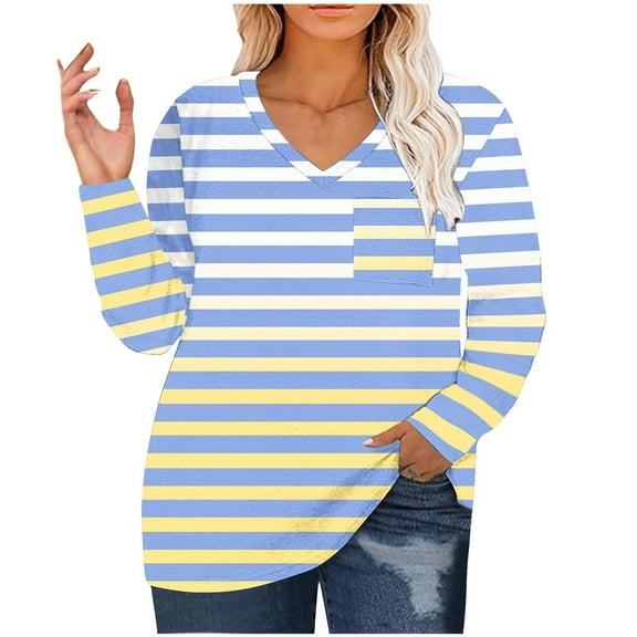 Jalioing Striped Pullover Tee for Women V Neck Long Sleeve Oversized Shirts Plus Size Casual Loose Blouses with Pocket