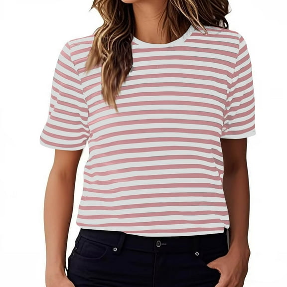 Jalioing Striped Summer Shirts for Women Short Sleeve Basic Casual Tee Loose Crew Neck Fashion T Shirts Clothes