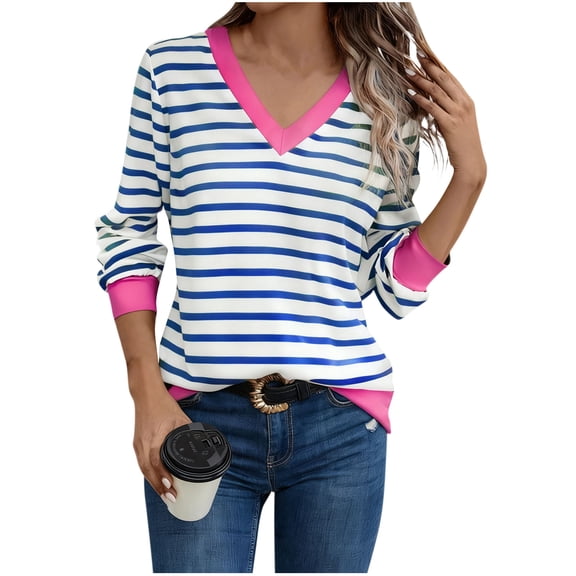 Jalioing Striped T Shirt for Women Fashion Casual Long Sleeve V Neck Color Block Tee Trendy Shirts Clothes