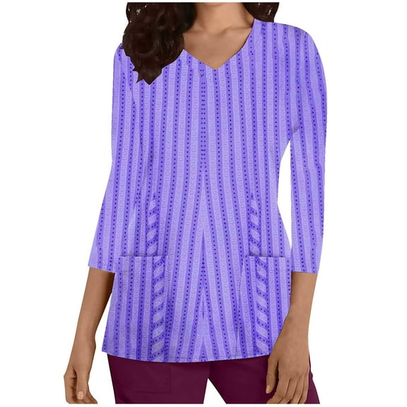 Jalioing Striped Tunic Tops for Women 3/4 Length Sleeve V Neck Pullover Blouses with Pocket Spring Casual Work Tops
