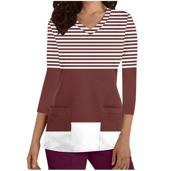 Jalioing Striped Tunic Tops for Women 3/4 Length Sleeve V Neck Pullover Blouses with Pocket Spring Casual Work Tops