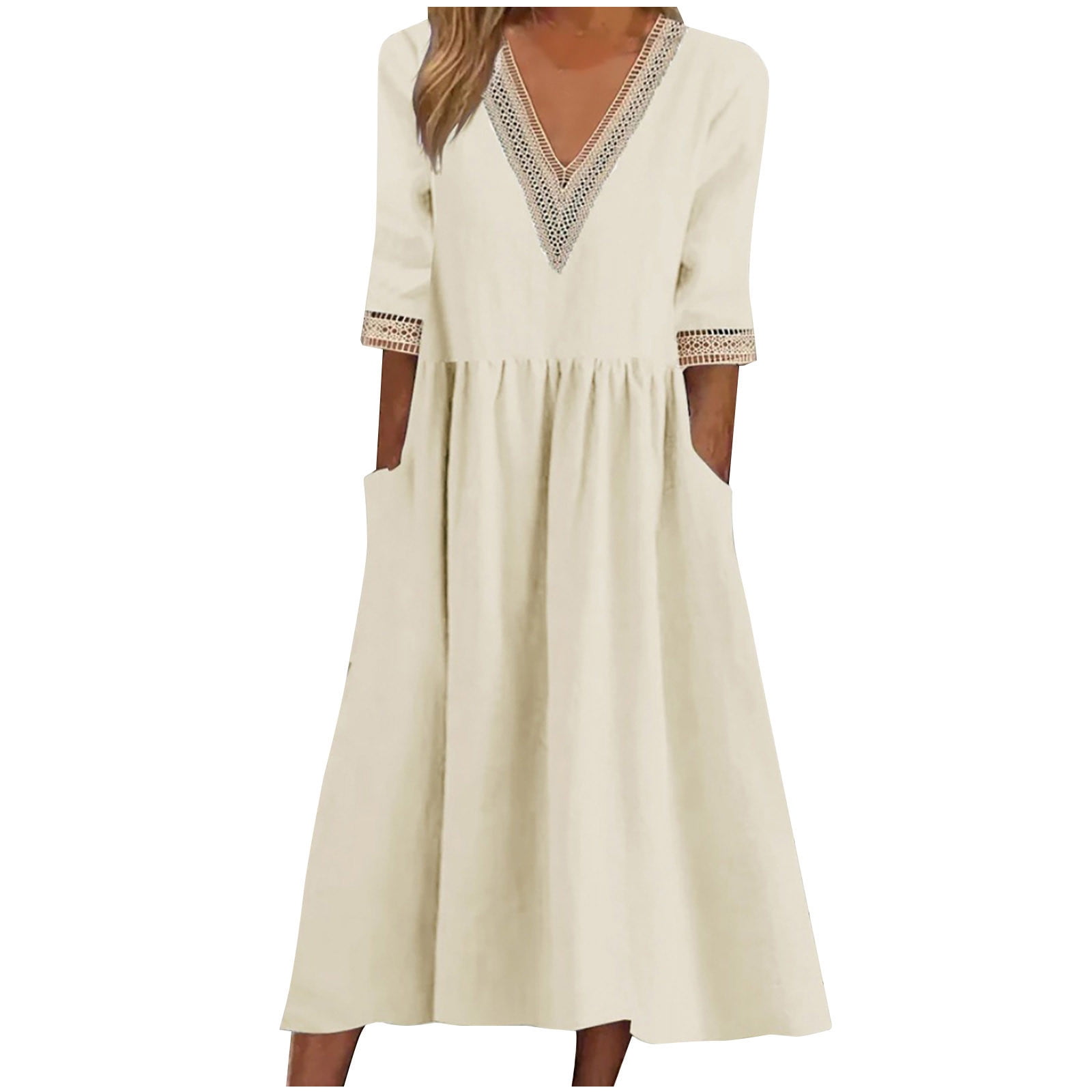 Jalioing Summer 3/4 Sleeve Midi Dress for Women Cotton Linen Sundress Lace  V-Neck Casual Dresses with Pockets - Walmart.com