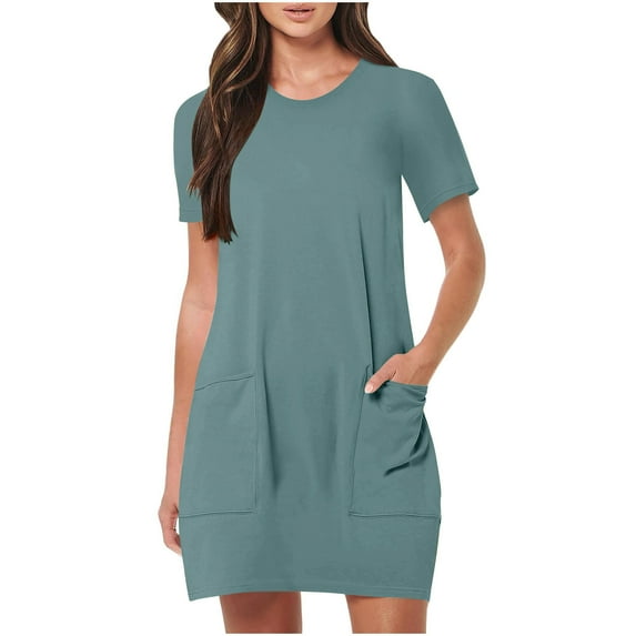 Jalioing Women's Summer Dresses Fashion Short Sleeve Crew Neck Casual Sundress Vacation Beach Dress with Pocket