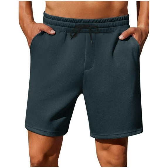 Jalioing Summer Casual Sweat Shorts for Men Solid Color Knee Length Elastic Waist Drawstring Shorts with Pocket