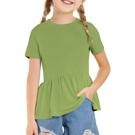 Jalioing Summer Cute Shirt for Girls Ruffle Crew Neck Short Sleeve Loose Tunic Shirt Casual Fashion Blouses