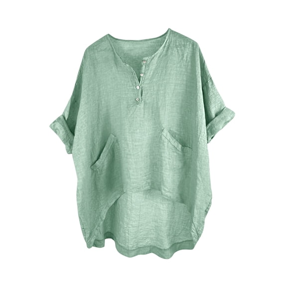 Jalioing Summer Half Sleeve Blouses Loose Crew Neck Button Shirts with Pocket Lightweight Casual Fashion Tops