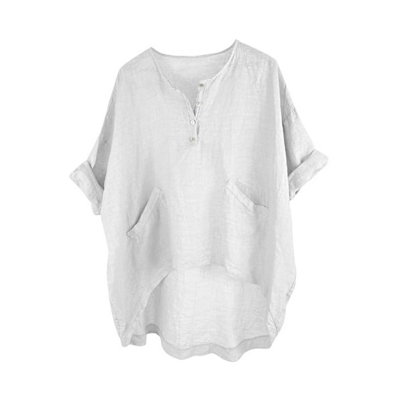 Jalioing Summer Half Sleeve Blouses Loose Crew Neck Button Shirts with Pocket Lightweight Casual Fashion Tops