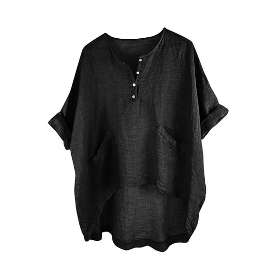 Jalioing Summer Half Sleeve Blouses Loose Crew Neck Button Shirts with Pocket Lightweight Casual Fashion Tops