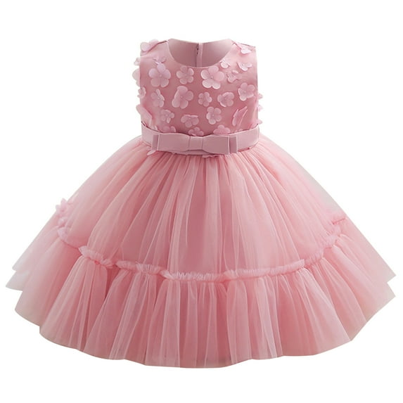 Jalioing Summer Little Girl Puffy Dresses Ruched Stacked Skirt Elegant Birthday Party Princess Dress (0-6 Months, Pink)