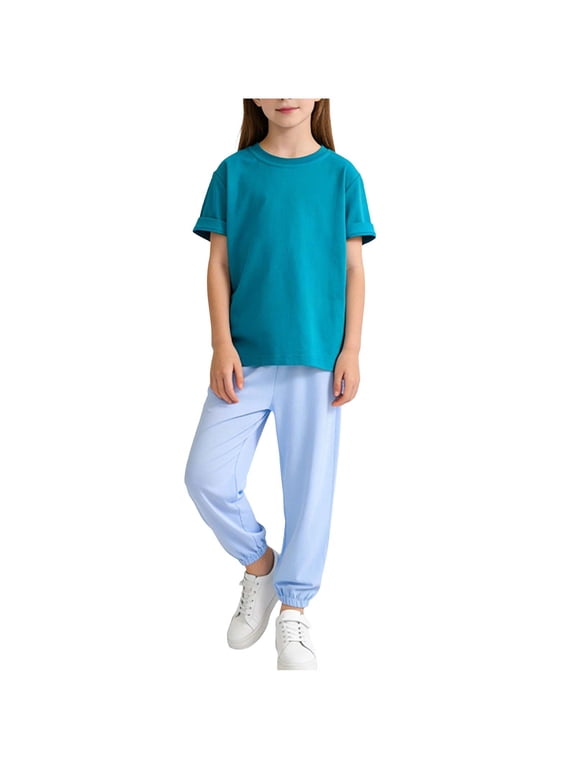 Summer Lounge Set for Kids Casual Loose Short Sleeve T Shirt Jogger Pants Set Boys Girls 2 Piece Outfits 1-12 Years