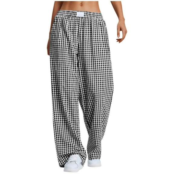 Jalioing Summer Pajama Pants for Women Elastic Waist Loose Plaid Lounge Pants with Pocket Casual Sleepwear