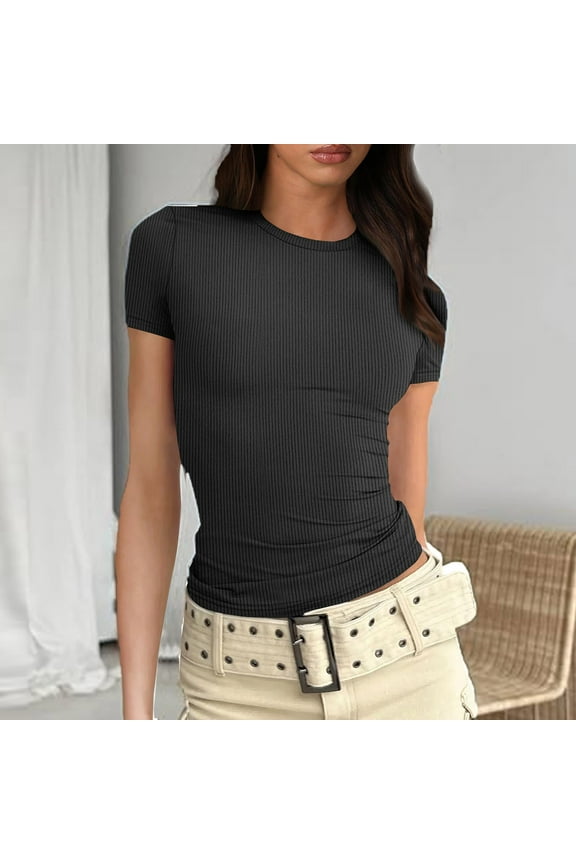 Summer Ribbed T-Shirt for Women Short Sleeve Slim Undershirt Crew Neck Dressy Pullover Top (Large, Black)