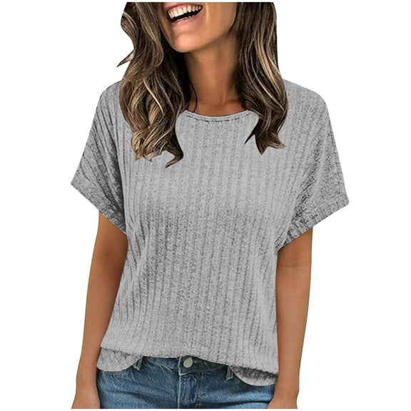 Jalioing Summer Short Sleeve Shirts Women's Ribbed Casual Crew Neck Plain Tops Dressy Fashion Crew Neck Tee