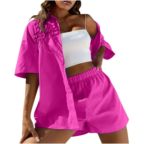 Jalioing Summer Shorts Set for Women 2PCS Lounge Outfits Short Sleeve Shirt with Drawstring Short Pant Sets