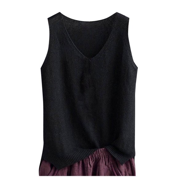 Jalioing Summer Tank Tops Women's Knitted Sleeveless Shirts Casual Loose Solid Color V Neck Pullover Tees