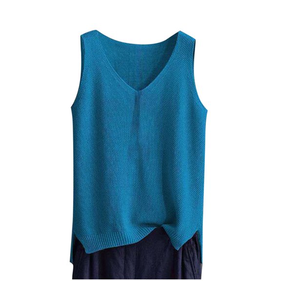 Jalioing Summer Tank Tops Women's Knitted Sleeveless Shirts Casual Loose Solid Color V Neck Pullover Tees