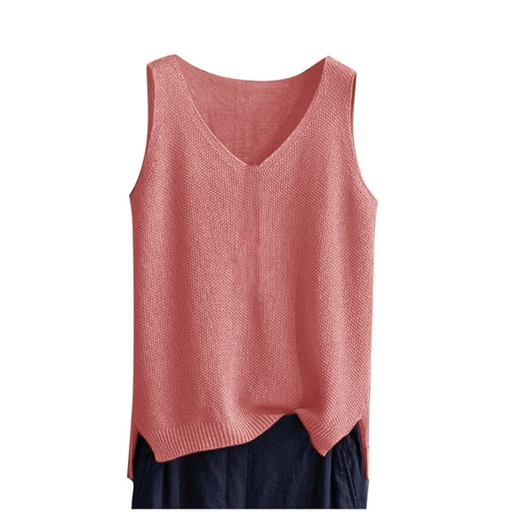 Jalioing Summer Tank Tops Women's Knitted Sleeveless Shirts Casual Loose Solid Color V Neck Pullover Tees