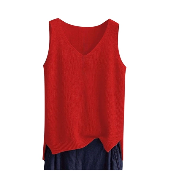 Jalioing Summer Tank Tops Women's Knitted Sleeveless Shirts Casual Loose Solid Color V Neck Pullover Tees