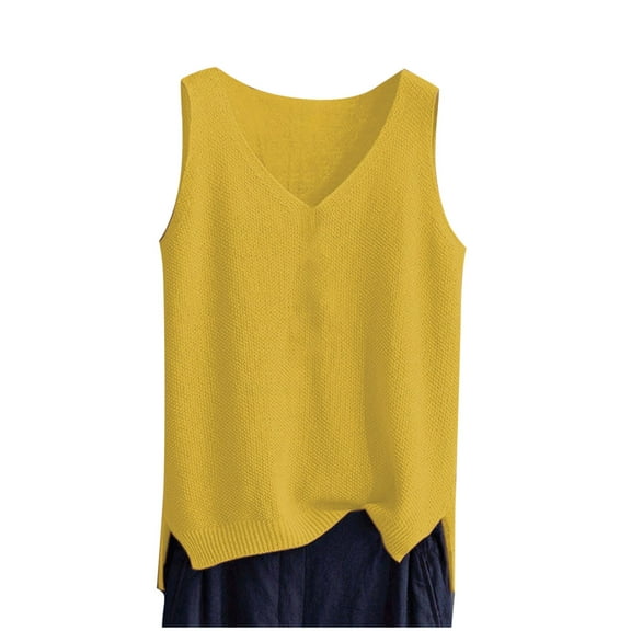 Jalioing Summer Tank Tops Women's Knitted Sleeveless Shirts Casual Loose Solid Color V Neck Pullover Tees