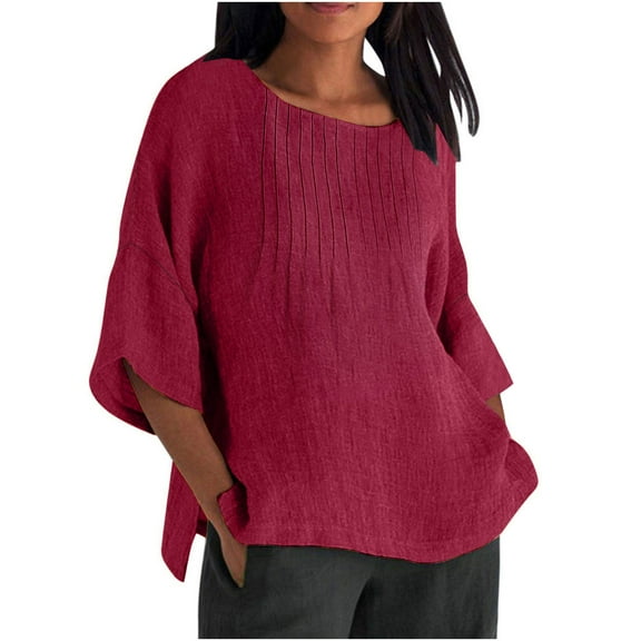 Jalioing Summer Tops for Women Half Sleeve Casual Cotton Linen Shirts Loose Crew Neck Pleated Front Blouses