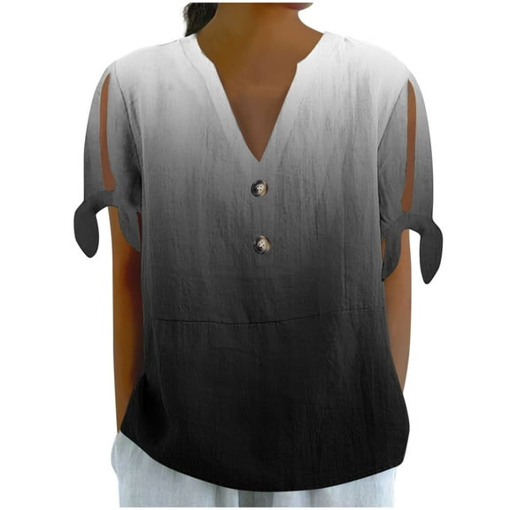 Jalioing Summer Tops for Women V Neck Button Gradient Shirts Trendy Short Sleeve Loose Blouses Clothes