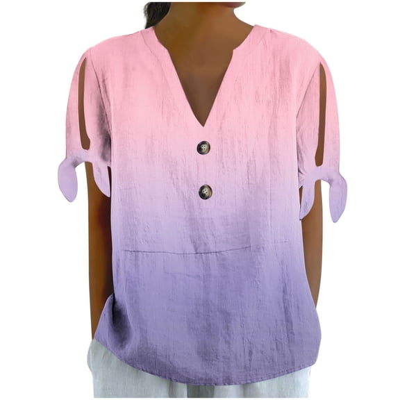 Jalioing Summer Tops for Women V Neck Button Gradient Shirts Trendy Short Sleeve Loose Blouses Clothes