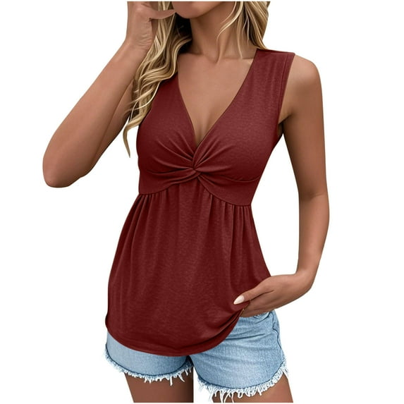 Jalioing Summer V Neck Tank Tops for Women Casual Flowy Sleeveless Tunic Shirt Fashion Solid Color Tees Tops