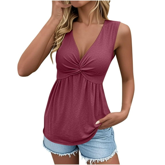 Jalioing Summer V Neck Tank Tops for Women Casual Flowy Sleeveless Tunic Shirt Fashion Solid Color Tees Tops