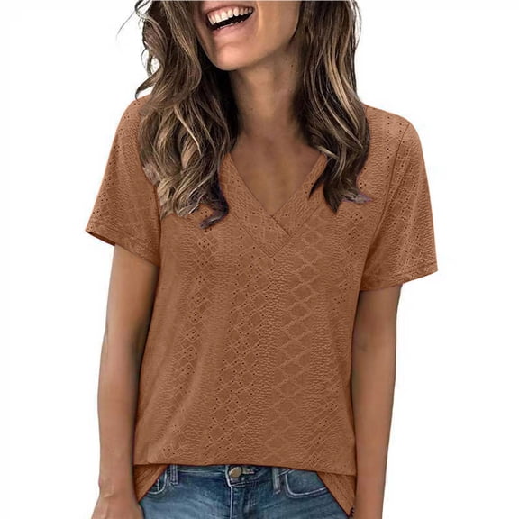 Jalioing Summer V Neck Tops Women's Eyelet Short Sleeve Tunic Blouses Trendy Casual Work Shirts Clothes