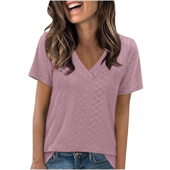 Jalioing Summer V Neck Tops Women's Eyelet Short Sleeve Tunic Blouses Trendy Casual Work Shirts Clothes