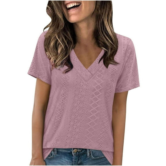 Jalioing Summer V Neck Tops Women's Eyelet Short Sleeve Tunic Blouses Trendy Casual Work Shirts Clothes