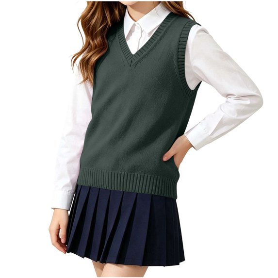 Jalioing Sweater Vest for Girls Boys Sleeveless V Neck Pullover Vest Kids Teen Plain School Uniform Sweater 5-17 Years