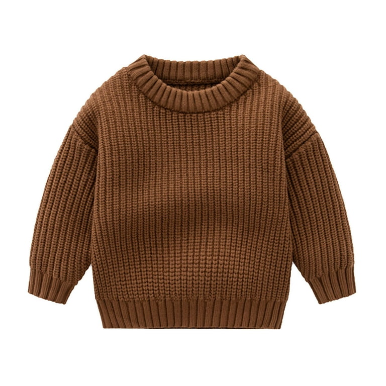 Jalioing Sweater for Kids Solid Color Round Neck Pullover Knit Long Sleeve Ribbed Fall Winter Cozy Tops 18 24 Months Brown