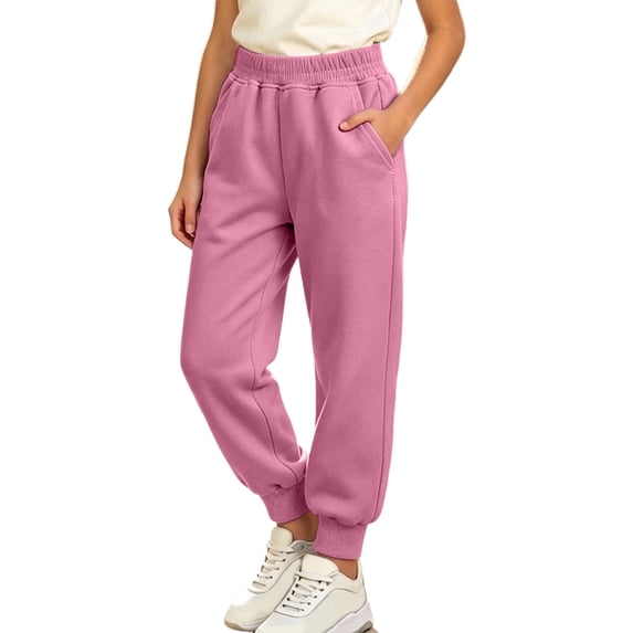 Jalioing Sweatpants for Girls Casual Comfy Elastic Waist Cuffed Joggers Solid Color Athletic Pants with Pocket 1-11 Years