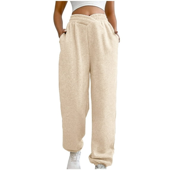Jalioing Sweatpants for Women Crossover Elastic Waist Solid Color Cinch Bottom Pants with Pockets (Large, Khaki)