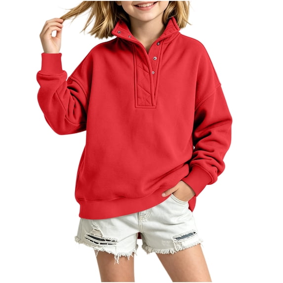 Jalioing Sweatshirt for Kids Fashion Solid Long Sleeve Stand Collar Button Pullover Tops Teen Casual Athletic Shirt
