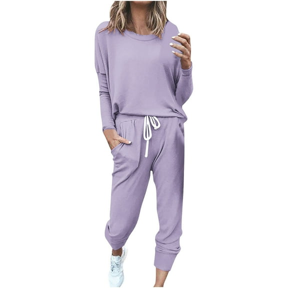 Jalioing Sweatsuit Sets for Women 2 Piece Casual Set Long Sleeve Top with Sweatpant Lounge Loose Spring Suits (Medium, Purple)