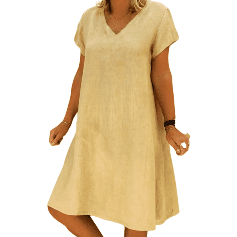 Jalioing T Shirt Dresses for Women Cotton Linen Plus Size Dress Summer Short Sleeve Casual V Neck Sundress 3X Large Khaki