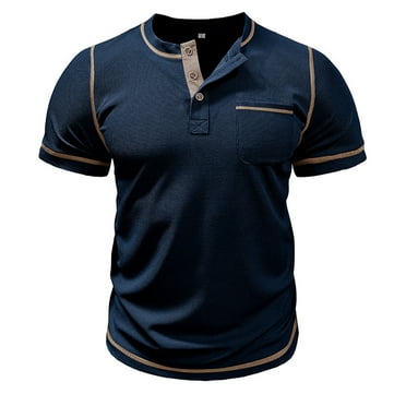 Jalioing T-Shirt Top for Men Casual Short Sleeved Tee Shirt Quarter Button Crew Neck Basic Pullover Top (Large, Blue)