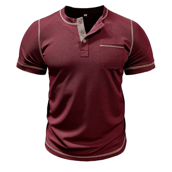 Jalioing T-Shirt Top for Men Casual Short Sleeved Tee Shirt Quarter Button Crew Neck Basic Pullover Top (X-Large, Wine)