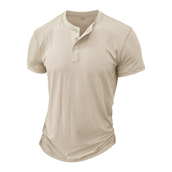 Jalioing T-Shirt Top for Men Casual Short Sleeved Tee Shirt Quarter Button Crew Neck Basic Pullover Top (XX-Large, Beige)