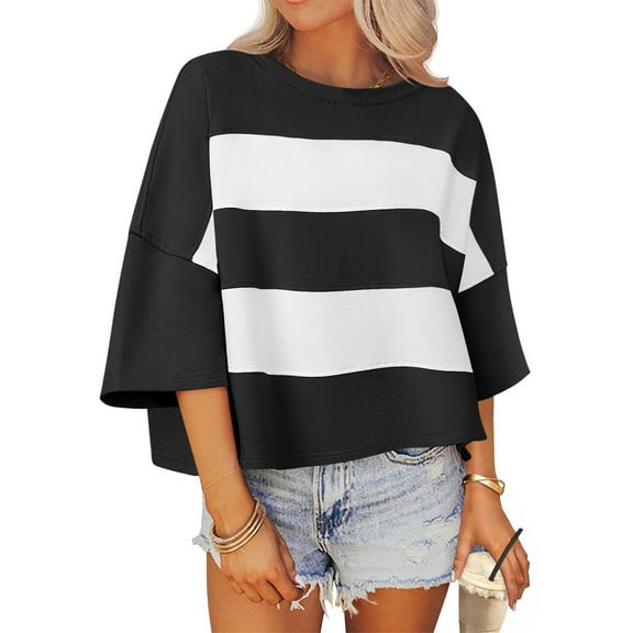 Jalioing T Shirt for Women Trendy Half Sleeve Dropped Shoulder Striped Tee Oversized Casual Crew Neck Tops