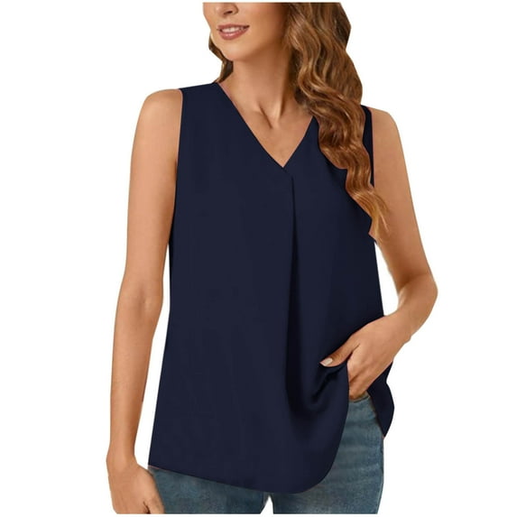 Lmnyox Tank Shirts for Women Pleated Front Sleeveless Dressy Tops Summer V Neck Casual Loose Work Shirts