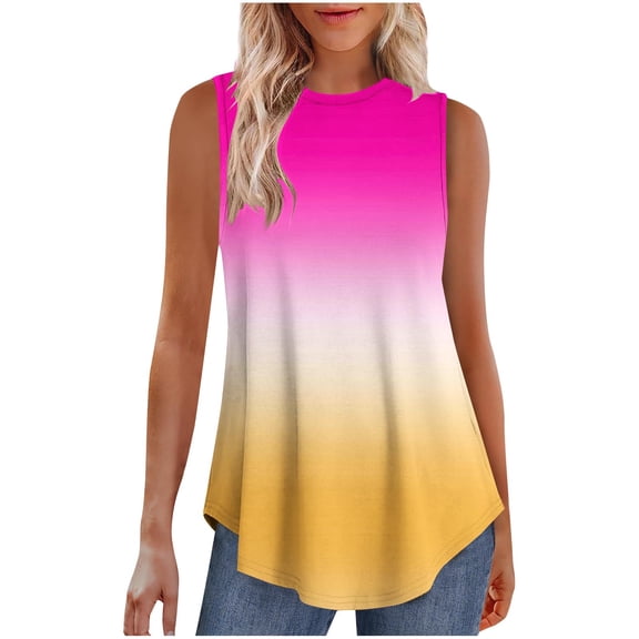 Jalioing Tank Tops for Women Crew Neck Sleeveless Flowy Casual Shirts Gradient Print Summer Fashion T Shirts